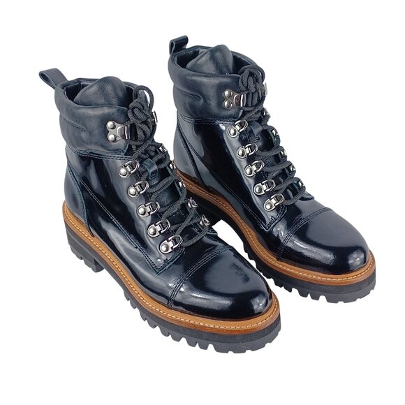 Marc Fisher Mlinka Lace Up Lug Sole Shiny Patent Leather Black Combat Boot Sz 6 - Picture 1 of 11